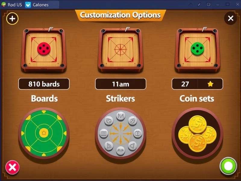 Carrom Turbo Master Customization Options showing different boards, strikers and coin sets